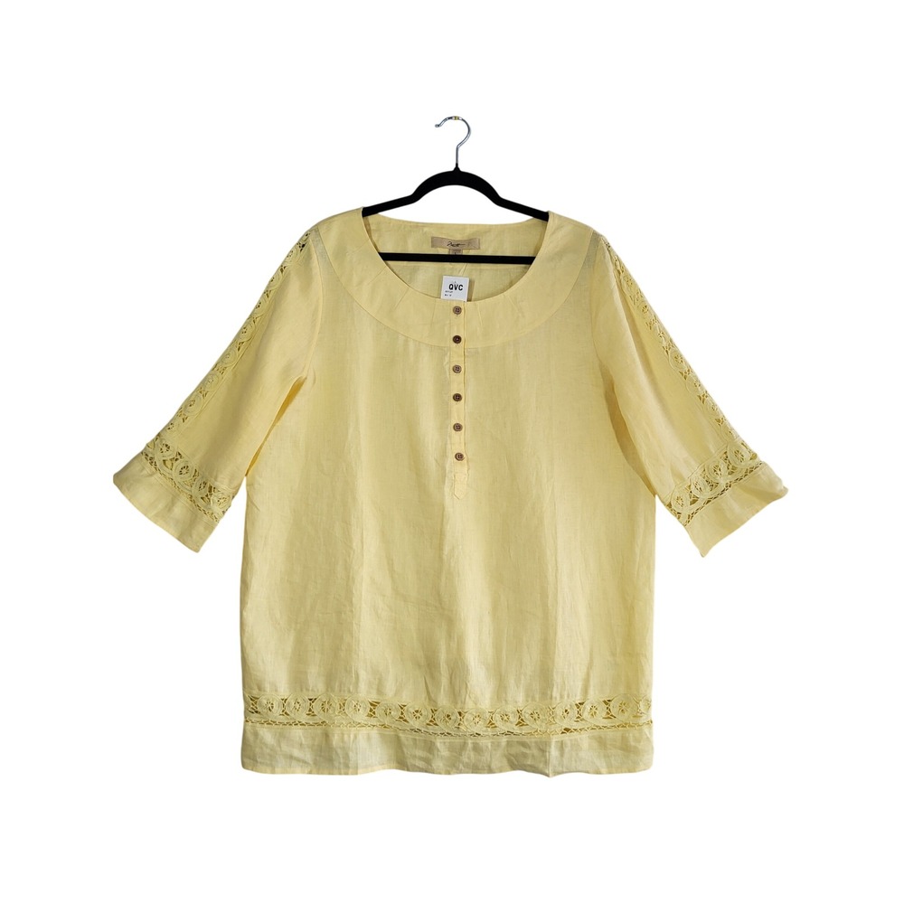 Motto 100% Linen Tunic Top L Yellow Crochet Lace‎ Trim 3/4 Sleeve Blouse NEW